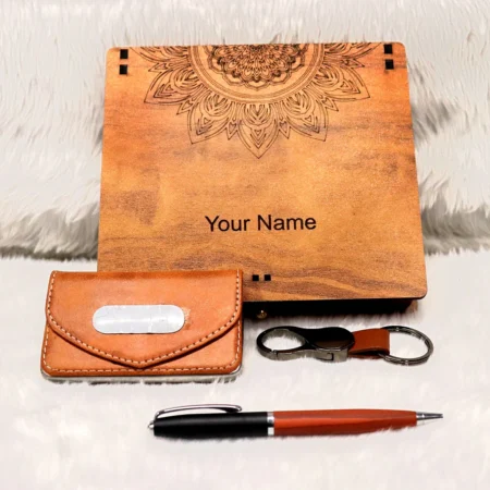 Card Holder Pen Key Chian and Wooden Personalized Combo