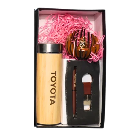 Wooden Essentials Combo: 500 ml Water Bottle, Pen, Keychain & Car Stand