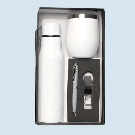 Elegant White Essentials Combo: 750 ml Water Bottle, Pen, Keychain & White Metal Mug