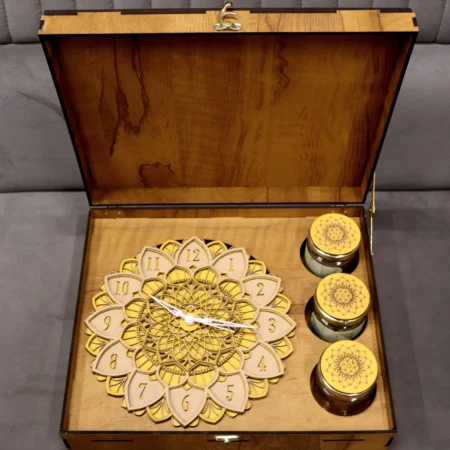 Luxury Mandala Wooden Clock Set with Jars in Premium Wooden Box