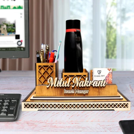 Personalized Wooden Pen Stand Desk Organiser With Pen Stand For Office Table