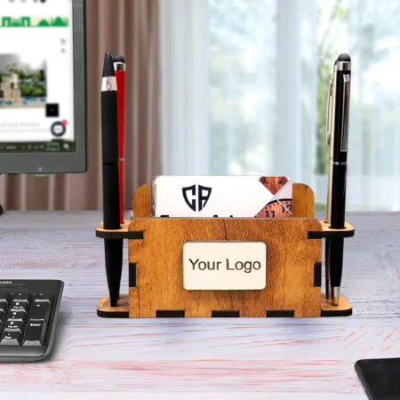 Custom Wooden Pen & Business Card Holder - Personalized Desk Organizer