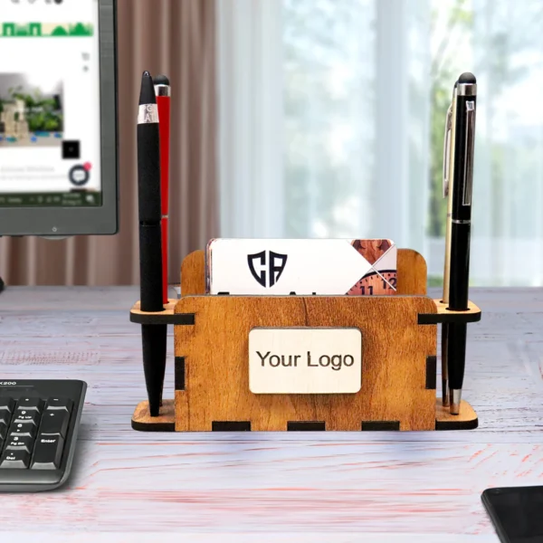 Custom Wooden Pen & Business Card Holder - Personalized Desk Organizer