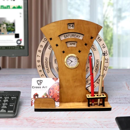 WOODEN CALENDAR WITH DESK ORGANIZER AND CLOCK