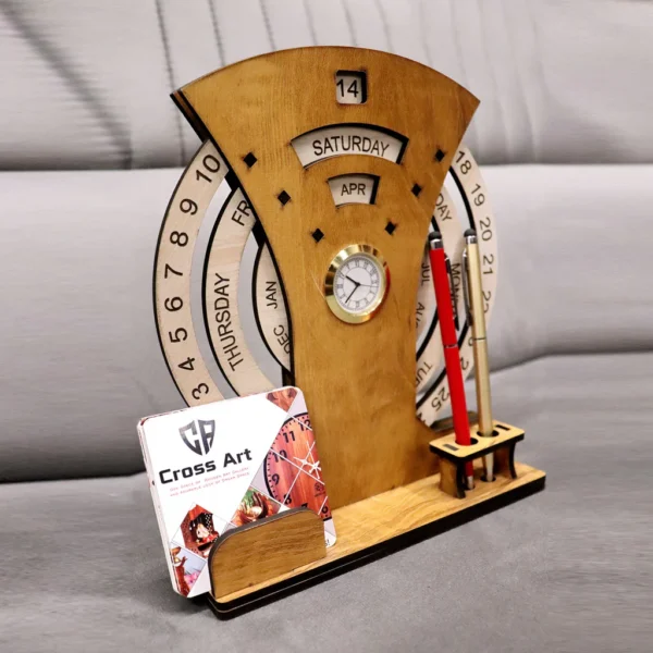 WOODEN CALENDAR WITH DESK ORGANIZER AND CLOCK - Image 4