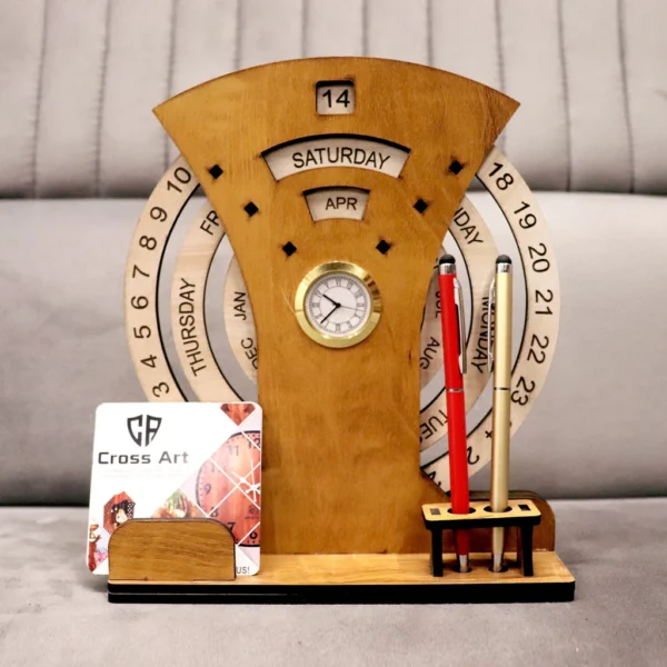 WOODEN CALENDAR WITH DESK ORGANIZER AND CLOCK - Image 5