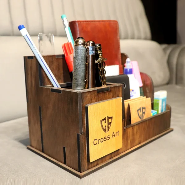 Personalized Desk Organizer with Pen Set, 5 in 1 Part Customized Wooden Desk - Image 2