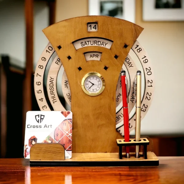 WOODEN CALENDAR WITH DESK ORGANIZER AND CLOCK - Image 2