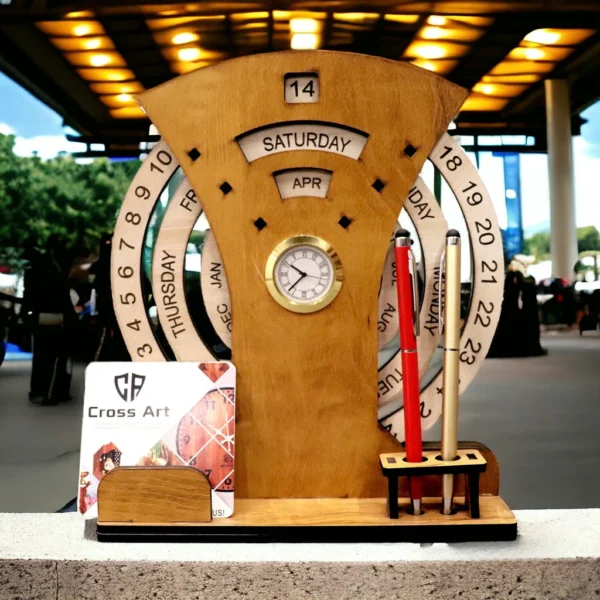 WOODEN CALENDAR WITH DESK ORGANIZER AND CLOCK - Image 6