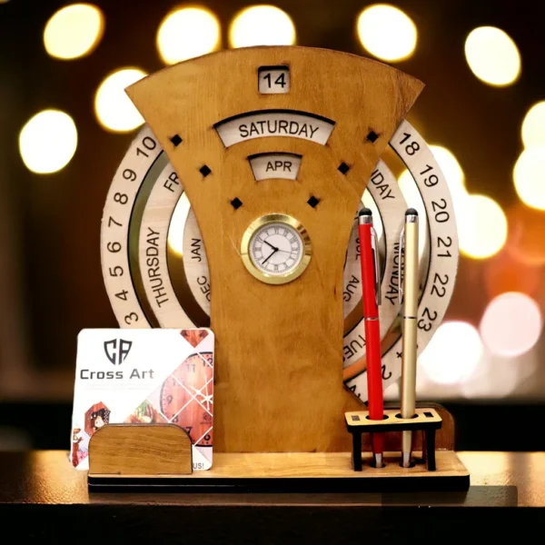 WOODEN CALENDAR WITH DESK ORGANIZER AND CLOCK - Image 7