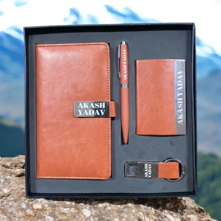 Personalized 4-in-1 Leather Gift Set - Diary, Pen, Cardholder & Keychain