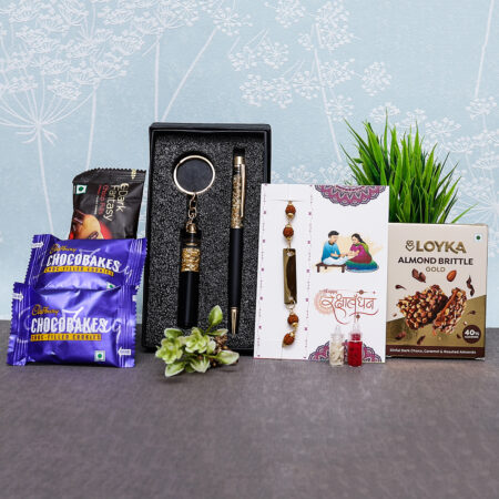 Personalized Rakhi for Brother Gift Combo - Custom Rakhi, Keychain, Pen & Delicious Cookies