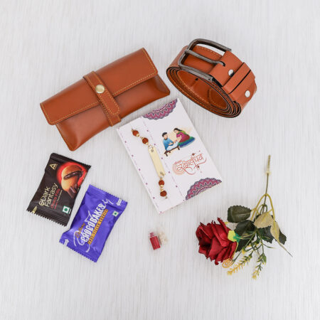 Rakhi Bracelet with Custom Name Plate, Keychain, Men’s Belt, Stylish Goggles Case, Tasty Cookies & Greeting Card